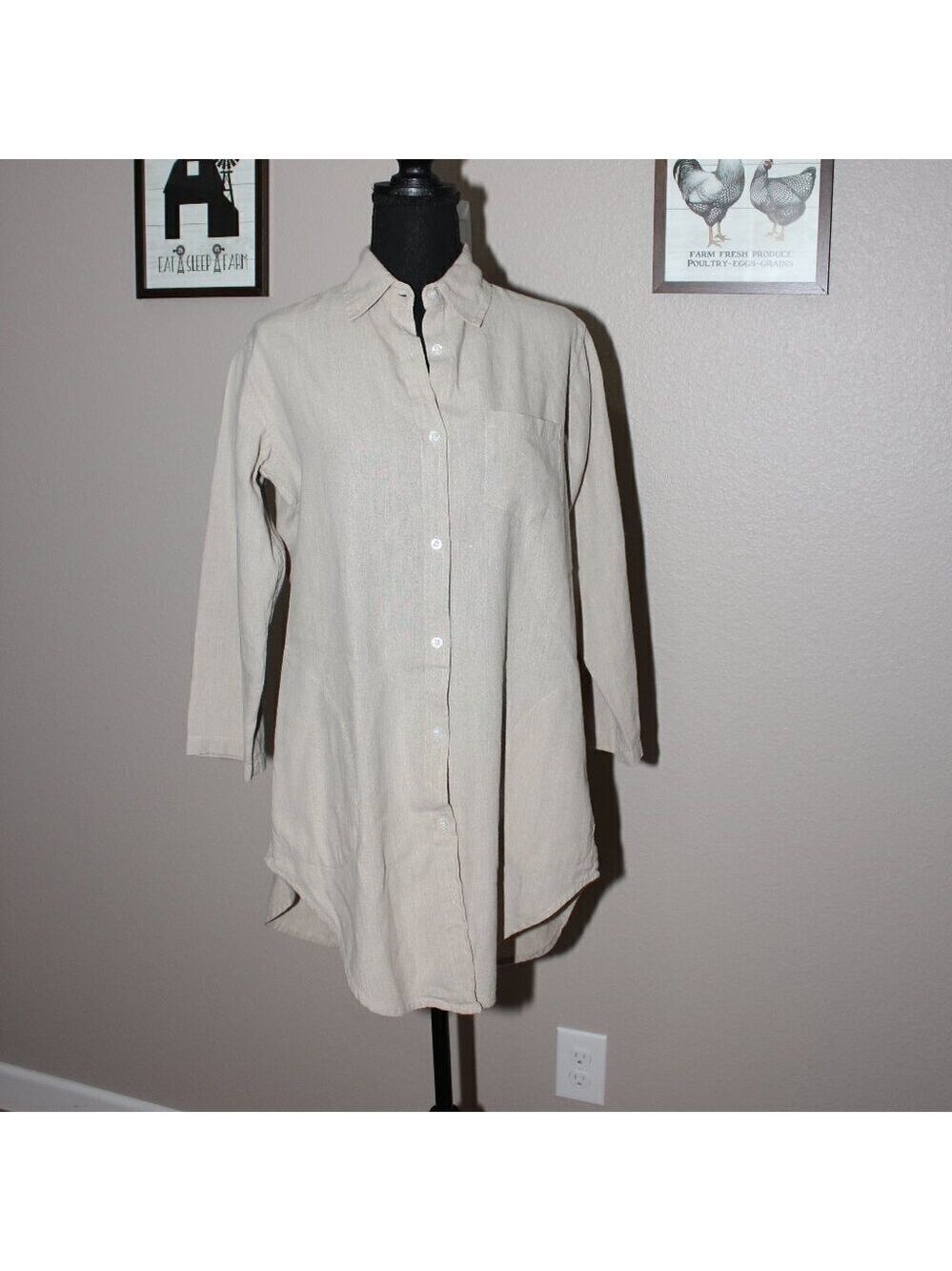 Dr. Flax Womens Linen Button Down Tunic with Pockets 3/4 Sleeve Size S/M Beige